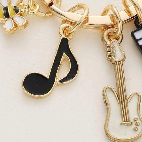 Bee Music Note Guitar Keyboard Charm Keychain Golden - Picture 3 of 5